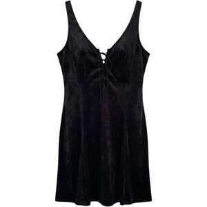 Vintage AMP Black Crushed Velvet Lace Up Mini Witchy Dress 90s Goth USA Size 9